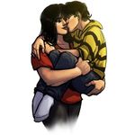  1girl big_barda black_hair carrying couple dc_comics hood hoodie hug kiss princess_carry red_shirt scott_free shirt smile 