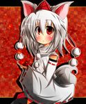  animal_ears autumn_leaves bare_shoulders blush detached_sleeves hat inubashiri_momiji leaf leaf_background looking_at_viewer open_mouth pom_pom_(clothes) red_eyes short_hair silver_hair solo tail tokin_hat touhou warabi_mochi_(ehimedaisuki) wolf_ears wolf_tail 