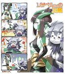  &gt;_&lt; 2girls 4koma :&lt; :3 animal_ears black_hair blush_stickers breasts closed_eyes comic dragon_girl fangs folded_ponytail green_skirt grey_hair horns medium_breasts monster_girl multiple_girls nise_maou_kemozeru nise_maou_rizaberu o_o pointy_ears scales sideboob sidelocks skirt tail tail_pull takoyaki_neko-san tears translation_request wolf_ears yuusha_to_maou 