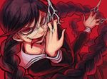  black_hair braid danganronpa danganronpa_1 genocider_shou glasses looking_at_viewer mole mole_under_mouth panier2 red_background red_eyes sailor_collar school_uniform scissors simple_background solo spoilers tongue tongue_out twin_braids 