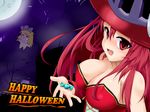  breasts candy cleavage cosmic_break elisalotte food halloween hat kiriya_naoki large_breasts malca multiple_girls red_eyes red_hair smile witch_hat 