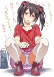  black_hair cameltoe duplicate hair_ribbon inu_(aerodog) looking_at_viewer love_live! love_live!_school_idol_project open_mouth panties red_eyes red_shirt ribbon shirt skirt solo sweat t-shirt thighhighs twintails underwear upskirt white_legwear white_panties yazawa_nico 