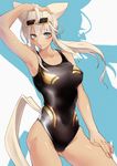  animal_ears bad_id bad_pixiv_id blonde_hair blue_eyes cat_ears competition_swimsuit dark_skin eyewear_on_head kaiten_muten-maru long_hair one-piece_swimsuit ran_komomo shamu_meruruusa slit_pupils sunglasses swimsuit tail 