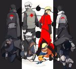  4boys age_difference back black_hair blonde_hair clothes_grab crest dual_persona emblem family_crest forehead_protector goggles half_mask hatake_kakashi headband mask multiple_boys multiple_persona naruto naruto_shippuuden oba-min silver_hair spiked_hair spiky_hair uchiha_obito uchiha_sasuke uzumaki_naruto uzumaki_naruto_(sennin_mode) 