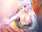  1boy 1girl artist_name bare_shoulders blush bra bra_pull breasts censored cum cum_in_pussy drooling elbow_gloves girl_on_top gloves hetero kii_(theory) large_breasts midriff mosaic_censoring navel open_mouth original penis purple_eyes purple_hair saliva sex sweat thighhighs underwear white_gloves white_legwear 