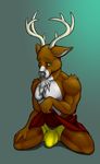  big_bulge big_muscles big_pecs black_nose brown_fur bulge cervine chest_tuft crossdressing deer fur green_eyes hair horn kneeling lifting_skirt male mammal muscles oxford pecs randt shy skirt skirt_lift solo timid tuft underwear white_fur yellow_underwear 