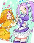  blue_dress boots bow bubble_skirt cure_beat cure_muse_(yellow) dress eyelashes hair_ornament hair_ribbon happy heart heart_hair_ornament kurochiroko kurokawa_eren long_hair looking_at_viewer magical_girl multiple_girls open_mouth orange_hair pink_eyes ponytail precure purple_hair ribbon seiren_(suite_precure) shirabe_ako side_ponytail skirt smile standing suite_precure thigh_boots thighhighs yellow_bow yellow_dress yellow_eyes 