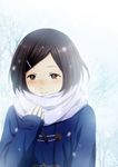  bare_tree blush breath brown_hair eba_kurako hair_ornament hairclip hyouka jacket red_eyes rito453 scarf short_hair smile snowing solo tree upper_body winter 