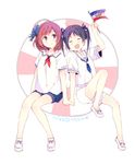  :d black_hair blush bow character_name closed_eyes crown flag frown full_body hair_bow hands_together hat heart holding innertube loafers love_live! love_live!_school_idol_project multiple_girls neckerchief nishikino_maki open_mouth ousaka_nozomi purple_eyes red_hair sailor_collar sailor_hat shirt shoes short_hair short_sleeves short_twintails shorts simple_background sitting smile twintails white_background yazawa_nico 