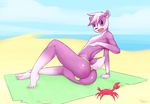  badger beach bulge butt crab crustacean fur girly invalid_tag looking_down mammal marine mustelid pbrown piercing purple_fur seaside solo speedo startled swimsuit taylor_(onta) towel wtf_face 