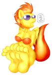  4_toes anthro anthrofied bra breasts cleavage clothed clothing dialog english_text equine eyewear female fireclub foot_focus friendship_is_magic fur hair mammal my_little_pony open_mouth orange_hair pegasus plain_background soles solo spitfire_(mlp) sunglasses text toes two_tone_hair underwear white_background wings wonderbolts_(mlp) yellow_fur 