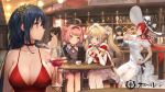  6+girls ahoge alcohol amazon_(azur_lane) animal_ears atago_(azur_lane) azur_lane bangs bare_legs bare_shoulders black_dress black_gloves black_hair blonde_hair blue_eyes blush bonet bow breasts bridal_gauntlets choker cleavage closed_mouth cocktail_dress cup dress drinking drinking_glass earrings eyebrows_visible_through_hair eyes_closed fang gloves gorgeous_mushroom hair_between_eyes hair_flaps hair_ornament hair_ribbon halter_top halterneck hat hat_bow headband jewelry large_breasts long_hair looking_at_viewer low_ponytail maid_headdress monarch_(azur_lane) multiple_girls official_art open_mouth pink_hair ponytail red_choker red_dress red_eyes red_hair ribbon sidelocks sitting smile star star_earrings sun_hat taihou_(azur_lane) takao_(azur_lane) thighhighs thighlet twintails u-81_(azur_lane) white_bow white_dress white_legwear wine wine_glass yellow_eyes 