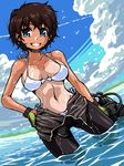  bikini blue_eyes bow_bikini brown_hair cloud day dutch_angle girls_und_panzer gloves grin hand_on_hip looking_at_viewer ocean outdoors r-ex scuba short_hair side-tie_bikini sky smile solo standing suzuki_(girls_und_panzer) swimsuit tan tanline watch wet wetsuit white_bikini 