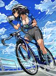  bicycle bike_jersey bike_shorts black_hair breasts cleavage cloud day drinking fingerless_gloves girls_und_panzer gloves green_eyes ground_vehicle hoshino_(girls_und_panzer) large_breasts looking_at_viewer ocean r-ex shoes short_hair sitting sky socks solo sweat tan tanline 