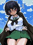  black_hair blue_eyes blush_stickers breast_hold breasts cloud day from_below girls_und_panzer glasses green_skirt haori japanese_clothes looking_at_viewer miniskirt neckerchief ooarai_school_uniform oryou_(girls_und_panzer) outdoors pleated_skirt r-ex school_uniform serafuku short_hair skirt sky smile solo standing translated 