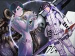  alien androgynous bandana battle black_hair blood bodysuit damaged gauna giant_monster highres injury jewelry katana looking_at_viewer mecha monster morito_(sidonia_no_kishi) ring scabbard science_fiction sheath shinatose_izana short_hair sidonia_(ship) sidonia_no_kishi space spoilers stregoicavar sword tanikaze_nagate teeth tentacles weapon 