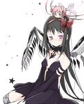  akemi_homura akuma_homura argyle argyle_legwear bad_id bad_pixiv_id bare_shoulders black_gloves black_hair black_wings blush bow choker dress elbow_gloves feathered_wings gloves hair_bow kaname_madoka long_hair looking_at_another mahou_shoujo_madoka_magica mahou_shoujo_madoka_magica_movie minigirl minmii_(minmi078) multiple_girls on_head purple_eyes simple_background smile star thighhighs ultimate_madoka white_background wings zettai_ryouiki 