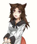  :d animal_ears basket brown_hair dress fang highres holding imaizumi_kagerou inatsuki_shunsuke long_hair open_mouth red_eyes simple_background smile solo touhou white_background wolf_ears 
