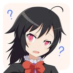  ? ahoge black_dress black_hair blush border bow bowtie cato_(monocatienus) confused dress face houjuu_nue looking_at_viewer open_mouth pink_background portrait raised_eyebrow red_eyes rounded_corners simple_background solo sweat touhou uneven_eyes white_border 