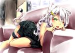  ;d animal_ears bare_shoulders cat_ears cat_tail couch green_eyes hair_ornament hairclip leg_garter long_hair looking_at_viewer one_eye_closed open_mouth original packge silver_hair smile solo tail 