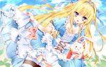  alice_(wonderland) alice_in_wonderland bariko blonde_hair blue_eyes blush dress long_hair thighhighs 