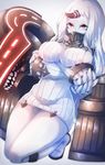  307_(aho307) boots breast_hold breasts claws detached_sleeves dress horn kantai_collection large_breasts long_hair red_eyes ribbed_dress ribbed_sweater seaport_hime shinkaisei-kan short_dress solo sweater sweater_dress thighs turtleneck white_hair white_skin 