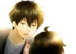  1girl black_hair child feeding fork green_eyes hyouka oreki_houtarou rito453 short_hair 