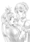  1girl androgynous beatrice bow choker greyscale hair_bun himononimono holding_hands interlocked_fingers looking_back monochrome open_mouth ponytail smile umineko_no_naku_koro_ni ushiromiya_lion 