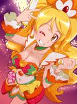  alternate_form blonde_hair boots breasts choker cleavage coconut_samba cure_honey earrings eyelashes gradient gradient_background green_choker hair_ornament happinesscharge_precure! happy jewelry large_breasts long_hair looking_at_viewer magical_girl midriff navel one_eye_closed oomori_yuuko ponytail precure samba shirt smile solo tj-type1 wrist_cuffs yellow_eyes 