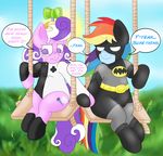  batman batman_(series) blackbewhite2k7 crossover cutie_mark duo equine female friendship_is_magic hair horse mammal mask multi-colored_hair my_little_pony pegasus pony rainbow_dash_(mlp) rainbow_hair sad screwball_(mlp) swing tears text wings 