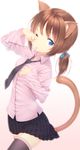  animal_ears black_neckwear blue_eyes brown_hair cat_ears cat_tail necktie one_eye_closed original short_hair skirt solo tail thighhighs zettai_ryouiki zizi_(zz22) 