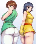  ass bare_shoulders belt blue_eyes blue_hair blush breasts brown_hair covering covering_ass crossed_arms dress dress_tug emma_sheen fa_yuiry from_behind gloves green_eyes gundam huge_ass large_breasts long_hair looking_at_viewer medium_breasts multiple_girls orizen panties pantyhose short_hair underwear yellow_panties zeta_gundam 