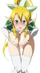  blonde_hair blush braid breast_hold breasts elf green_eyes kiiro_no_nantoka lactation large_breasts leafa leaning_forward long_hair looking_at_viewer nipples open_mouth panties pointy_ears ponytail simple_background solo sweat sword_art_online thighhighs twin_braids underwear white_background white_panties 