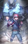  baseball_cap blue_fire fire glowing glowing_eyes hat holding holding_poke_ball lost-tyrant mega_charizard_x mega_pokemon poke_ball pokemon pokemon_(game) red_(pokemon) red_eyes wings 