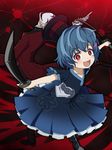  black_bullet blue_hair dress hiruko_kohina multicolored_hair open_mouth red_eyes short_hair short_sleeves solo sword weapon 