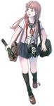  absurdres bag black_legwear brown_hair camera dicorndl full_body highres kneehighs lanyard long_hair open_mouth original school_uniform serafuku skirt solo tripod twintails 