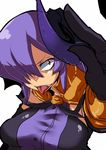  breasts demon_girl demon_horns elbow_gloves gloves hair_over_one_eye horns kamen_no_hito large_breasts long_hair nise_maou_kanizeru purple_eyes purple_hair sharp_teeth solo teeth tongue tongue_out yuusha_to_maou 