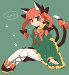  animal_ears bad_id bad_pixiv_id bell blush bow braid cat_ears cat_tail dress extra_ears hair_bow jingle_bell kaenbyou_rin long_hair looking_at_viewer multiple_tails pantyhose red_eyes red_hair sitting solo tail tail_bell takamura touhou twin_braids white_legwear 