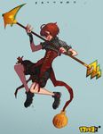  1girl battle_mage dungeon_and_fighter earrings jewelry red_hair shoes short_hair shorts staff 