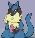  animal_genitalia balls black_fur blue_fur canine canine_penis chest_tuft erection fluffy fur hi_res knot looking_at_viewer lucario male mammal nintendo penis pok&#233;mon pok&eacute;mon precum presenting red_eyes sheep_(artist) simple_background solo spikes teeth tuft vein video_games yellow_fur 