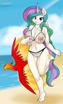  anthrofied avian barefoot beach big_breasts bikini bird breasts cutie_mark equine feathers female fingers fire fishnet friendship_is_magic fur hair hands horn human_feet kloudmutt long_hair looking_at_viewer mammal my_little_pony navel nipples outside philomena_(mlp) phoenix pink_eyes princess_celestia_(mlp) pussy seaside smile standing swimsuit water white_fur winged_unicorn wings 