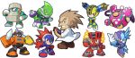  6+boys ;) acid_man albert_w_wily android arm_cannon blast_man block_man blue_eyes brown_hair chibi crossed_arms fire fuse_man helmet kin_niku labcoat multiple_boys official_style one_eye_closed orange_eyes outstretched_arm parody pile_man pointing pointing_at_self purple_eyes red_eyes robot rockman rockman_(classic) rockman_11 rockman_rockman rubber_man sideburns simple_background smile style_parody torch_man tundra_man weapon white_background younger 
