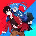  1girl bad_id bad_pixiv_id black_hair blue_eyes blue_hair blush ene_(kagerou_project) headphones jacket kagerou_project kisaragi_shintarou long_hair mery_(apfl0515) open_clothes open_jacket red_eyes sleeves_past_fingers sleeves_past_wrists track_jacket twintails 