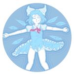  blue_bow blue_hair bow cirno closed_eyes colored_eyelashes dress floating hair_bow ice ice_wings in_water justin_hsu legs lying muted_color on_back outline outstretched_arms red_ribbon ribbon ripples round_image short_sleeves simple_background solo spread_arms thighs touhou white_background wings 