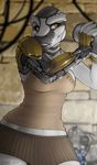  cyborg female lizard mechanical_limbs reptile scalie skirt strype yellow_eyes 