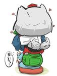 animal_ears backpack bad_id bad_pixiv_id bag blue_hair chibi chibi_on_head commentary_request hat heart inubashiri_momiji inunoko. kawashiro_nitori long_sleeves multiple_girls on_head pillow shirt silver_hair sitting skirt tail tail_wagging tokin_hat touhou translated two_side_up wide_sleeves wolf_ears wolf_tail 