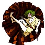  barefoot belt breasts bucket cleavage collarbone feet_on_wall feet_up from_side full_body green_hair justin_hsu kisume legs legs_up looking_to_the_side medium_breasts open_clothes open_robe perspective red_eyes robe round_image simple_background sitting solo thighs touhou two_side_up white_background 