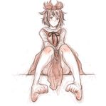  barefoot between_legs blush feet full_body hair_ornament highres kuro_suto_sukii looking_at_viewer monochrome multicolored_hair short_hair simple_background sitting sketch smile soles solo toe_scrunch toes toramaru_shou touhou white_background 