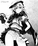  animal_print cape cat_panties cat_print eyepatch from_below front-print_panties gloves greyscale hat kantai_collection kiso_(kantai_collection) monochrome natsupa over_shoulder panties pantyshot print_panties remodel_(kantai_collection) solo standing sword sword_over_shoulder twitter_username underwear weapon weapon_over_shoulder 