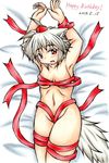  ahoge animal_ears bad_anatomy bare_shoulders bdsm bed blush bondage bound breasts censored collarbone convenient_censoring dated fang groin happy_birthday hat highres inte_(whitewolftail) inubashiri_momiji looking_at_viewer nude open_mouth red_eyes ribbon ribbon_bondage short_hair silver_hair slit_pupils solo tail tokin_hat touhou traditional_media 